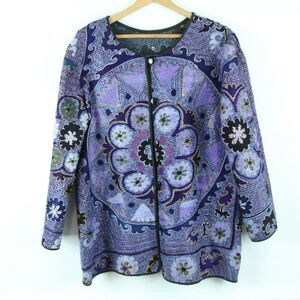 Womens Heavily Embroidered Jacket Purple Boho Ethnic Art to Wear Festival L XL